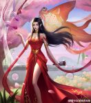  1girl absurdres bamboo black_hair blurry blurry_background bush cai_lin_(doupo_cangqiong) cherry_blossoms doupo_cangqiong dress expressionless falling_petals hair_ornament hand_up highres jewelry kite long_hair petals pointy_ears red_dress ruguo_la_qing_shen_la shiny shiny_hair solo wall 