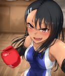  1girl asymmetrical_bangs bangs black_hair blush boxing_gloves breasts brown_eyes competition_swimsuit dark-skinned_female dark_skin elbow_gloves fang gloves hair_ornament hairclip highres ijiranaide_nagatoro-san long_hair looking_at_viewer mixed-sex_combat nagatoro_hayase nm_(tshell2761) one-piece_swimsuit open_mouth skin_fang small_breasts solo sweat swimsuit 
