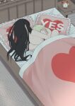  1boy 1girl after_sex bed bed_sheet black_hair blonde_hair couple g_tyaba heart heart_pillow hetero hickey highres hug husband_and_wife implied_sex long_hair lying on_bed on_side pillow spy_x_family twilight_(spy_x_family) yes yes-no_pillow yor_briar 