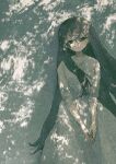  1girl bangs black_eyes black_hair dappled_sunlight dress hair_between_eyes highres long_hair long_sleeves looking_at_viewer original own_hands_together potg_(piotegu) shadow solo sunlight very_long_hair white_dress 