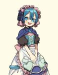  1boy :d apron back_bow bangs black_shirt blue_capelet blue_eyes blue_hair blunt_bangs blush bow capelet cowboy_shot frilled_apron frills hair_between_eyes hairband lace-up_top lolita_hairband long_skirt looking_at_viewer made_in_abyss maid_apron maid_headdress male_focus maruruk medu_(rubish) open_mouth otoko_no_ko puffy_short_sleeves puffy_sleeves shirt short_hair short_sleeves skirt smile solo teeth upper_teeth v_arms whistle whistle_around_neck white_skirt yellow_background 