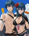  1boy 1girl abs alternate_costume bangs bikini black_bikini black_cape black_swimsuit blue_hair blue_sky breasts byleth_(fire_emblem) byleth_(fire_emblem)_(female) byleth_(fire_emblem)_(male) byleth_(summer)_(fire_emblem)_(female) cape cleavage cloud commentary_request danno_gs day fire_emblem fire_emblem:_three_houses fire_emblem_heroes flower food food_in_mouth hair_between_eyes hair_flower hair_ornament hibiscus highres holding holding_food large_breasts long_hair looking_at_viewer male_swimwear mouth_hold muscular muscular_male navel official_alternate_costume outdoors popsicle purple_eyes red_flower short_hair sky stomach swimsuit teeth tongue tongue_out topless topless_male 