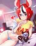  1girl animal_ear_fluff animal_ears bikini bikini_bottom_only blue_eyes blurry blurry_background breasts crop_top english_commentary hakos_baelz hand_up heart highres hololive hololive_english mouse_ears mouse_girl multicolored_hair navel no_pants on_bed red_hair shirt side-tie_bikini sk_jynx solo stomach stuffed_toy swimsuit thighs virtual_youtuber yellow_shirt 