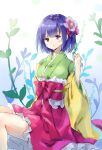  1girl :o bob_cut bow breasts commentary_request flower frilled_skirt frills green_kimono hair_flower hair_ornament hieda_no_akyuu highres japanese_clothes kimono layered_clothes layered_kimono legs long_sleeves medium_breasts one-hour_drawing_challenge parted_lips purple_eyes purple_hair red_bow red_skirt sash shironeko_yuuki sitting skirt solo touhou wide_sleeves yellow_kimono 