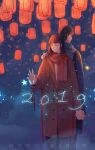  1boy 1girl 2019 absurdres artist_name bangs black_coat black_hair blue_scarf chinese_zodiac coat feet_out_of_frame fireworks floating hand_up highres holding_hands lantern long_hair morncolour new_year original paper_lantern pig red_coat red_scarf scarf short_hair star_(symbol) year_of_the_pig 