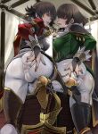  2girls ass ass_grab bridal_gauntlets brown_hair butcha-u cameltoe cape fiorayne_(monster_hunter) grabbing_own_ass green_nails high_heels highres looking_at_viewer looking_back monster_hunter_(series) monster_hunter_rise multiple_girls nail_polish pants parted_lips rondine shield short_hair siblings sisters smile spread_anus_under_clothes spread_ass steaming_body sword take_your_pick tight tight_pants weapon 