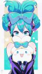  1girl :3 :d absurdres aqua_bow aqua_eyes aqua_hair aqua_necktie bangs bare_shoulders black_sleeves blush_stickers body_writing bow cinnamiku cinnamoroll commentary covered_mouth crossover detached_sleeves frilled_shirt frills grey_shirt hair_bow hair_ornament hatsune_miku headset heart highres hug looking_at_another looking_at_viewer looking_up matching_outfit necktie sanrio shachi_mr shirt signature smile tied_ears updo upper_body vocaloid 