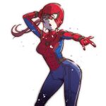  1girl \m/ bangs blush breasts brown_eyes cosplay floating_hair highres hololive houshou_marine marvel marvel_cinematic_universe mask medium_breasts moto_oji-san one_eye_covered open_mouth red_hair removing_mask solo spider-man spider-man:_far_from_home spider-man_(cosplay) spider-man_(series) virtual_youtuber 