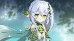  bangs cape cross-shaped_pupils detached_sleeves dress female_child genshin_impact gradient_hair green_cape green_eyes green_hair hair_ornament leaf_hair_ornament long_hair multicolored_hair nahida_(genshin_impact) pointy_ears shuu@maihikuboshuchu smile sparkle white_dress white_hair 