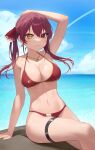  1girl bikini blue_sky breasts cleavage cloud contrail day hair_ribbon heterochromia highres hololive horizon houshou_marine large_breasts long_hair ocean outdoors red_bikini red_eyes red_hair red_ribbon ribbon sky solo swimsuit twintails virtual_youtuber vziu yellow_eyes 
