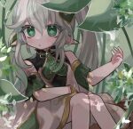  1girl bangs cape cross-shaped_pupils detached_sleeves dew_drop dress female_child genshin_impact gradient_hair green_cape green_eyes green_hair hair_ornament leaf leaf_hair_ornament long_hair mchelique multicolored_hair nahida_(genshin_impact) pointy_ears side_ponytail solo water_drop white_dress white_hair 