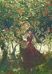  1girl apple apple_tree bangs basket black_eyes black_hair brown_footwear dress food fruit grass highres leaf long_hair looking_at_viewer original outdoors potg_(piotegu) red_dress shoes short_sleeves solo standing tree twintails wide_shot 