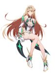  1girl absurdres bangs blonde_hair breasts chest_jewel cleavage cleavage_cutout clothing_cutout earrings full_body gem gloves highres jewelry legs looking_at_viewer mythra_(xenoblade) roi_(liu_tian) shoes simple_background solo swept_bangs thigh_strap tiara white_background white_footwear white_gloves xenoblade_chronicles_(series) xenoblade_chronicles_2 yellow_eyes 