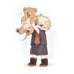  1boy animal aqistory bakugou_katsuki black_footwear black_shirt black_shorts blank_eyes blonde_hair boku_no_hero_academia boots commentary english_commentary full_body grass growling highres holding holding_animal lion lion_cub male_focus open_clothes open_mouth open_shirt orange_shirt pawpads red_eyes shirt short_hair shorts simple_background spiked_hair standing white_background 
