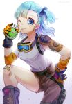  1girl ;p absurdres asymmetrical_legwear bandaid bandaid_on_leg blue_eyes blue_hair boots bow breasts brown_pants bulma dragon_ball dragon_ball_(classic) dragon_radar gloves hair_bow highres kachin one_eye_closed pants pouch shirt solo thighs tongue tongue_out white_shirt 