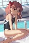  1girl absurdres black_swimsuit blurry blurry_background brown_eyes brown_hair competition_swimsuit dutch_angle english_commentary frip highres indoors long_hair looking_at_viewer one-piece_swimsuit pool pool_ladder shirai_kuroko sitting solo swimsuit toaru_kagaku_no_railgun toaru_majutsu_no_index v_arms wariza 