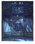  1girl artist_name blue_dress bookshelf branch chandelier clock dress grey_headwear highres holding indoors ladder lantern lorem_ipsum morncolour original plant shadow solo tree white_bird wide_shot window 