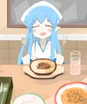  1girl ^_^ ^o^ bangs bare_shoulders blue_hair blush_stickers clenched_hands closed_eyes collarbone cup drink drinking_glass eating facing_viewer fork hands_up happy highres holding holding_fork holding_spoon ikamusume indoors knife light_particles long_hair naaga_sonomono no_lineart open_mouth plate pointy_ears pov_across_table restaurant shinryaku!_ikamusume sleeveless smile solo spoon straight-on table upper_body white_headwear wooden_table 