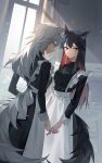  2girls alternate_costume animal_ear_fluff animal_ears apron arknights black_dress black_hair breasts colored_inner_hair cowboy_shot dress enmaided grey_eyes grey_hair highres holding_hands indoors lappland_(arknights) long_hair long_sleeves looking_at_another looking_at_viewer maid maid_apron multicolored_hair multiple_girls mumu_(leelee_mumu) red_hair small_breasts tail tail_through_clothes texas_(arknights) two-tone_hair white_apron white_wrist_cuffs window wolf_ears wolf_girl wolf_tail yellow_eyes 