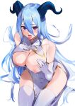  absurdres bare_shoulders blue_hair blue_horns breasts breasts_out china_dress chinese_clothes cleavage cleavage_cutout clothing_cutout collar dragon dragon_girl dragon_horns dress elbow_gloves gloves hand_on_own_chest highres horns kasumi_komo large_breasts long_hair long_tongue looking_at_viewer messy_hair naughty_face original purple_eyes side_slit sitting thick_thighs thighhighs thighs tongue tongue_out virtual_youtuber water white_gloves white_thighhighs 