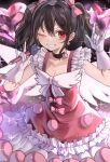  1girl ;d \m/ absurdres black_choker black_hair choker cowboy_shot double_\m/ dress earrings flat_chest frilled_dress frills gloves grin hair_between_eyes hair_ribbon highres jewelry looking_at_viewer love_live! nico_nico_nii one_eye_closed pink_ribbon red_dress red_eyes ribbon short_dress smile solo twintails white_gloves yazawa_nico zen.nico 