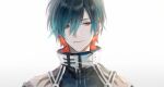  1boy aqua_hair black_hair closed_mouth colored_inner_hair forever_7th_capital hair_between_eyes light_particles looking_at_viewer male_focus multicolored_hair orange_hair portrait renjian_shilian short_hair simple_background smile solo turtleneck white_background zhong_yao 