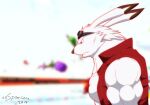  2019 anthro big_muscles blurred_background clothed clothing eyewear eyewear_on_head fur goggles goggles_on_head king_kazma long_ears male muscular muscular_anthro muscular_male narrowed_eyes open_clothing open_topwear pecs red_clothing red_topwear red_vest solo summer_wars topwear vest white_body white_fur xxsparcoxx 