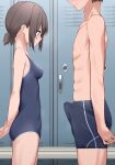  1boy 1girl arms_behind_back blush breasts brown_hair bulge closed_mouth competition_school_swimsuit erection erection_under_clothes from_side highres indoors kiona_(giraffe_kiona) locker locker_room male_swimwear one-piece_swimsuit original school_swimsuit short_hair small_breasts standing swimsuit 
