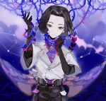  1boy black_gloves black_hair black_shorts blood blood_on_face blood_on_hands blue_background closed_mouth constellation cowboy_shot elbow_gloves elley-oc feathered_wings forever_7th_capital frown gloves hands_up head_tilt highres iscario_(forever_7th_capital) layered_sleeves light_particles looking_at_viewer low_wings male_focus mole mole_under_mouth pink_blood purple_shirt shirt short_hair short_sleeves shorts star_(symbol) thorns white_shirt wings 