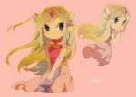  1girl artist_name back belt blonde_hair blue_eyes blush closed_mouth dress floating_hair full_body gloves jewelry long_hair looking_up multicolored_hair multiple_persona necklace open_mouth pink_dress princess_zelda skirt_hold solo the_legend_of_zelda the_legend_of_zelda:_spirit_tracks the_legend_of_zelda:_the_wind_waker tiara tokuura toon_zelda 