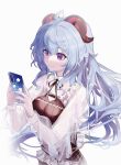  1girl absurdres achib ahoge bangs blue_hair breasts cellphone ganyu_(genshin_impact) genshin_impact highres horns light_smile long_hair looking_at_another medium_breasts phone purple_eyes see-through see-through_sleeves sidelocks solo upper_body white_background 