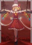 1girl absurdres ascot back_bow barefoot blood blood_from_eyes bow chained_wrists closed_mouth collared_shirt cross flandre_scarlet frilled_skirt frills full_body hat hat_ribbon highres looking_at_viewer mob_cap one_eye_closed puffy_short_sleeves puffy_sleeves red_background red_eyes red_ribbon red_skirt red_theme red_vest ribbon shirt short_hair short_sleeves skirt skirt_set solo tenkijio touhou vest white_bow white_headwear white_shirt wrist_cuffs yellow_ascot 