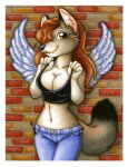  anthro breasts brick_wall canid canine canis clothing female hair low_res mammal michele_light solo wall_(structure) wolf 