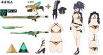 1girl animal_ears bangs bare_legs bikini black_gloves blue_eyes blue_hair breasts character_name chest_tattoo cleavage fake_animal_ears gloves high_heels highres kson large_breasts long_hair looking_at_viewer mole mole_under_eye multicolored_hair navel official_art ponytail purple_hair reference_sheet souchou stomach streaked_hair swimsuit sword tattoo thigh_strap virtual_youtuber vshojo weapon yaman 
