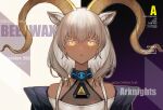  1girl animal_ears arknights bangs bare_shoulders beeswax_(arknights) black_background black_jacket breasts character_name cleavage collar cover curled_horns dark-skinned_female dark_skin english_text eyelashes fake_magazine_cover goat_ears goat_girl goat_horns grey_hair highres horns jacket long_hair magazine_cover off_shoulder parted_lips portrait purple_background short_hair_with_long_locks solo straight-on white_background yang3500 yellow_eyes 
