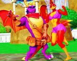  3d_(artwork) activision aged_up anthro anthrofied avian banjo-kazooie beak bird breasts breegull claws clothing digital_media_(artwork) digitigrade dragon duo feathers female hi_res kazooie looking_at_viewer male malicekira membrane_(anatomy) muscular muscular_female purple_body rareware red_body scalie spyro spyro_the_dragon video_games western_dragon 