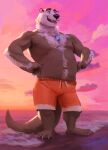 2022 anthro belly black_nose bottomwear brown_body cariboops clothing cloud detailed_background hi_res lutrine male mammal mustelid outside shorts slightly_chubby solo swimwear water 