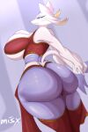  absurd_res anthro big_breasts big_butt bottomwear breast_squish breasts butt clothing exposed_breasts female fur hi_res huge_butt legwear mienshao misx nintendo pinup pok&eacute;mon pok&eacute;mon_(species) pose purple_body purple_fur rear_view shorts solo squish stockings thick_thighs thigh_highs topwear video_games white_body wide_hips 