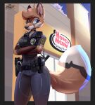  2022 anthro artist_name black_border border bottomwear canid canine clothing cloud crossed_arms female fox hi_res hinget mammal pants police_officer police_uniform sign sky solo topwear uniform walkie_talkie watermark 