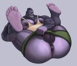  anthro anus ape balls blizzard_entertainment boxers_(clothing) butt clothing feet genitals gorilla haplorhine hi_res legs_up looking_at_viewer lying male mammal nipple_piercing nipples on_back on_ground open_mouth overwatch piercing presenting presenting_anus presenting_hindquarters primate razzper shirt simple_background solo spread_legs spreading tank_top topwear underwear video_games winston_(overwatch) 
