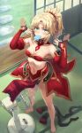  1girl bandeau bangs bare_shoulders barefoot black_panties blonde_hair braid breasts collarbone detached_collar detached_sleeves electric_fan fanning_self fate/apocrypha fate/grand_order fate_(series) food french_braid green_eyes highres long_hair looking_at_viewer mordred_(fate) mordred_(fate/apocrypha) mouth_hold navel panties parted_bangs pelvic_curtain ponytail popsicle popsicle_in_mouth sidelocks small_breasts solo sweat thighhighs_removed tonee underwear waist_cape 