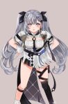  1girl :o airani_iofifteen_(artist) alternate_hairstyle angry asymmetrical_bangs asymmetrical_legwear bangs belt black_ribbon black_thighhighs blue_eyes breasts cropped_jacket dress grey_hair hair_ribbon hands_on_hips highres hololive hololive_indonesia leaning_forward long_hair looking_at_viewer medium_breasts pleated_dress ribbon sidelocks simple_background thigh_strap thighhighs twintails vestia_zeta white_dress wrist_cuffs 