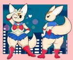 abstract_background absurd_res aggressive_retsuko anthro blackmore boots bottomwear bow_(feature) building butt canid canine clothing ear_piercing ear_ring female fennec fenneko footwear fox gesture hi_res mammal night piercing raised_tail ring_piercing sailor_moon_(series) sanrio skirt solo thick_thighs upskirt v_sign 