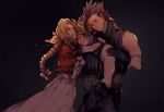  1girl 2boys aerith_gainsborough arms_around_neck bangle bangs belt black_background black_hair blonde_hair blue_shirt blush bracelet braid braided_ponytail breasts brown_hair cleavage closed_eyes cloud_strife cowboy_shot cropped_jacket crying dress final_fantasy final_fantasy_vii final_fantasy_vii_remake gloves group_hug hair_between_eyes hair_ribbon hair_slicked_back hand_on_another&#039;s_shoulder hug jacket jewelry long_dress long_hair medium_breasts multiple_boys open_mouth parted_bangs pink_dress pink_ribbon red_jacket ribbon sera_(serappi) shirt short_hair short_sleeves sideburns sidelocks sleeveless sleeveless_turtleneck smile spiked_hair suspenders teardrop tears turtleneck wavy_hair zack_fair 