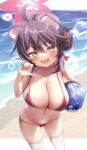  1girl :3 absurdres ahoge animal_ears ball beach beachball bikini bikini_tug blue_archive blush breasts hair_bun halo highres kaede_(blue_archive) large_breasts micro_bikini ocean open_mouth oppai_loli red_bikini sada_mamesuke short_hair side-tie_bikini smile smug solo swimsuit thighhighs yellow_eyes 