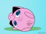  39coit anus blue_eyes female genitals grass jigglypuff lying nintendo on_side pink_body plant plump_labia pok&eacute;mon pok&eacute;mon_(species) pussy simple_background smile video_games waddling_head 