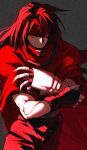 1boy artist_name belt black_hair black_pants clawed_gauntlets cloak cowboy_shot crossed_arms final_fantasy final_fantasy_vii fingerless_gloves gloves grey_background headband highres long_hair looking_to_the_side male_focus muscular muscular_male nanpou_(nanpou0021) pants red_cloak red_eyes red_headband red_theme solo vincent_valentine 
