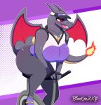  2022 anthro bicycle big_breasts big_butt black_body blazkenzxy bodily_fluids breasts butt charizard cleavage clothed clothing digital_drawing_(artwork) digital_media_(artwork) dragon female fire flaming_tail hi_res horn mega_stone membrane_(anatomy) membranous_wings multicolored_body nintendo pok&eacute;mon pok&eacute;mon_(species) pok&eacute;mon_unite red_eyes scalie shiny_pok&eacute;mon signature simple_background solo sportswear sweat tan_body thick_thighs two_tone_body video_games wings 