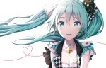  1girl absurdres aqua_eyes aqua_hair bangs earrings hair_ornament hatsune_miku highres itogari jewelry long_hair looking_at_viewer more_more_jump!_(project_sekai) project_sekai simple_background smile twintails very_long_hair vocaloid 