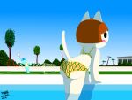  2021 animal_crossing anthro bent_over big_butt bikini bikini_bottom bikini_top blue_sky bluebear_(animal_crossing) blush brown_hair building butt clothed clothing domestic_cat felicity_(animal_crossing) felid feline felis female fur grass hair looking_at_viewer mammal nintendo nonyammychoko outside palm_tree partially_clothed plant poolside presenting presenting_hindquarters rear_view shaded shadow signature sky smile solo standing swimming_pool swimwear tree ursid video_games water white_body white_fur wide_hips 